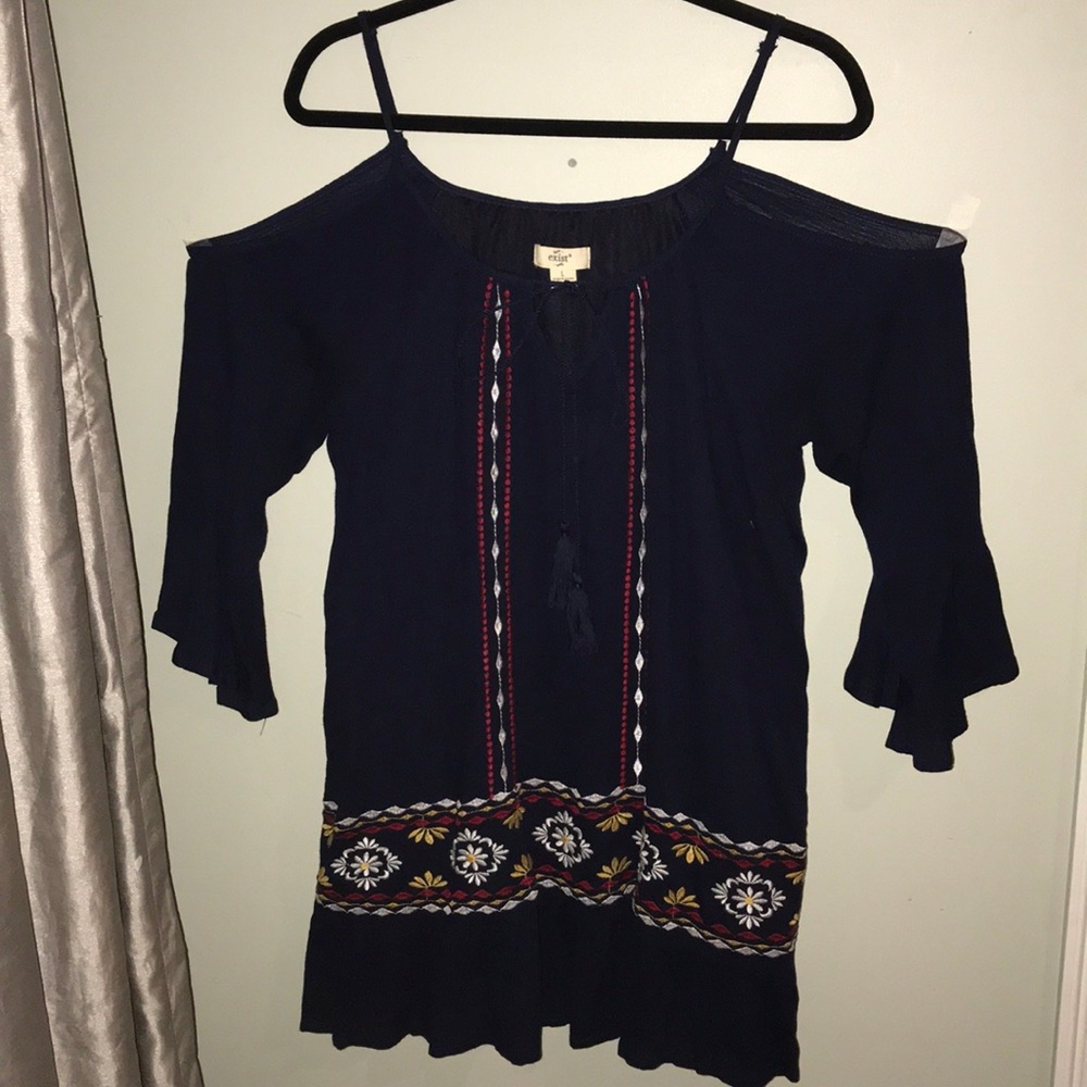 Open shoulder mini dress with bell sleeves